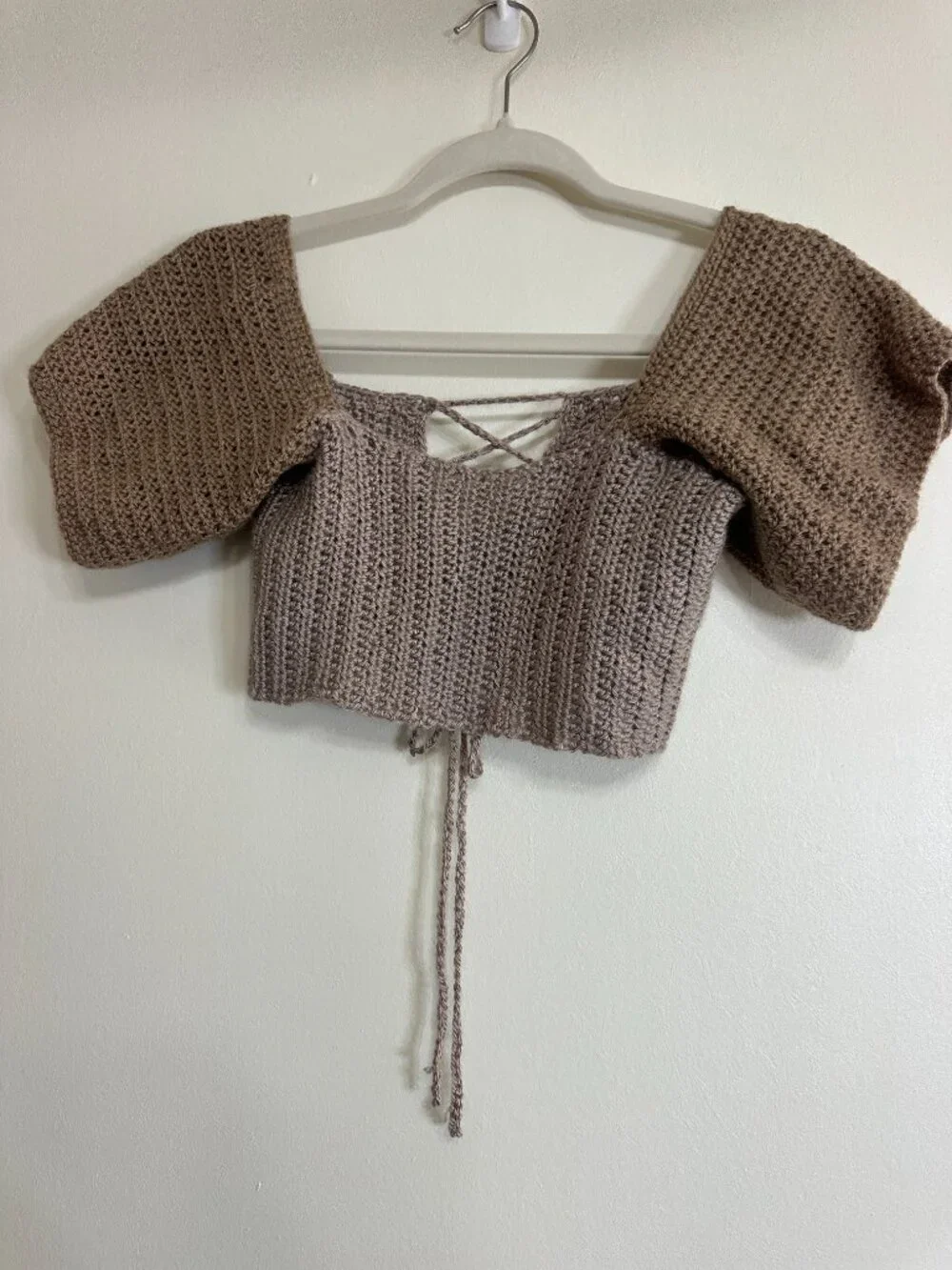 Two-Tone Beige Crochet Lace-Up Corset Crop Top Small/Medium
